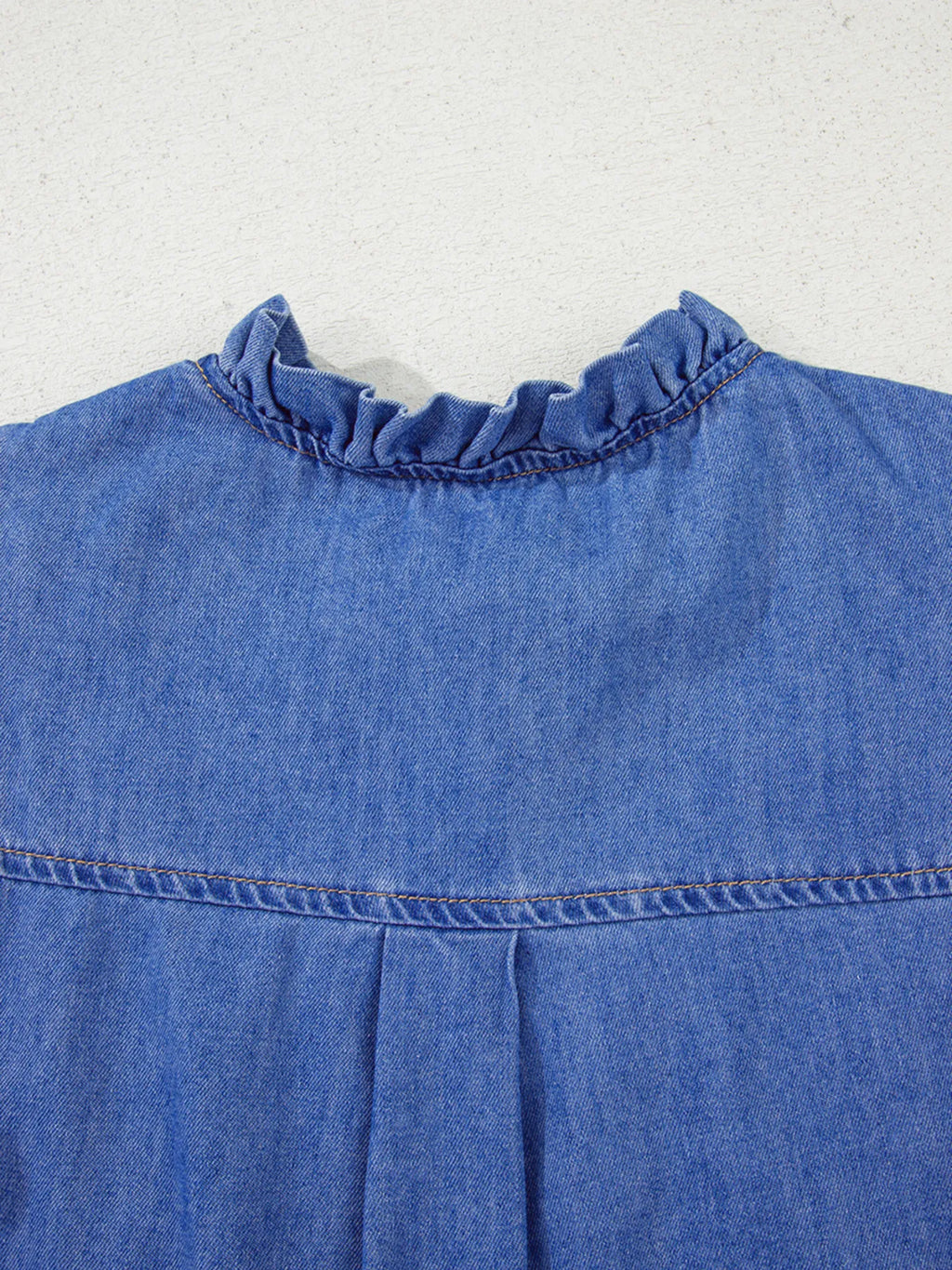 Mineral Wash Cap Sleeve Frilled Button Up Denim Shirt