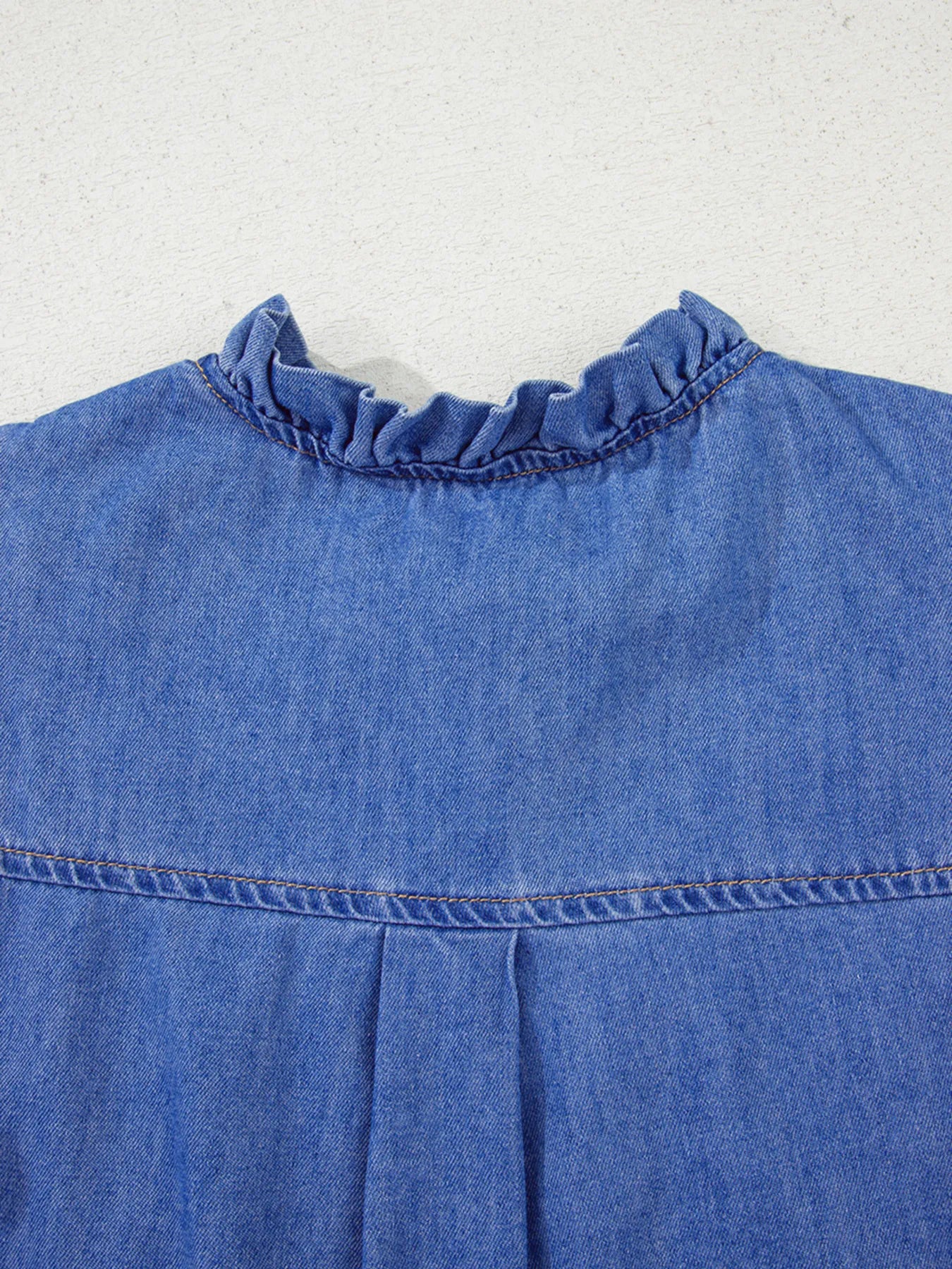 Mineral Wash Cap Sleeve Frilled Button Up Denim Shirt