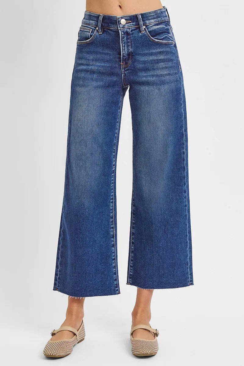 RISEN Raw Hem Wide Leg Cropped Jeans