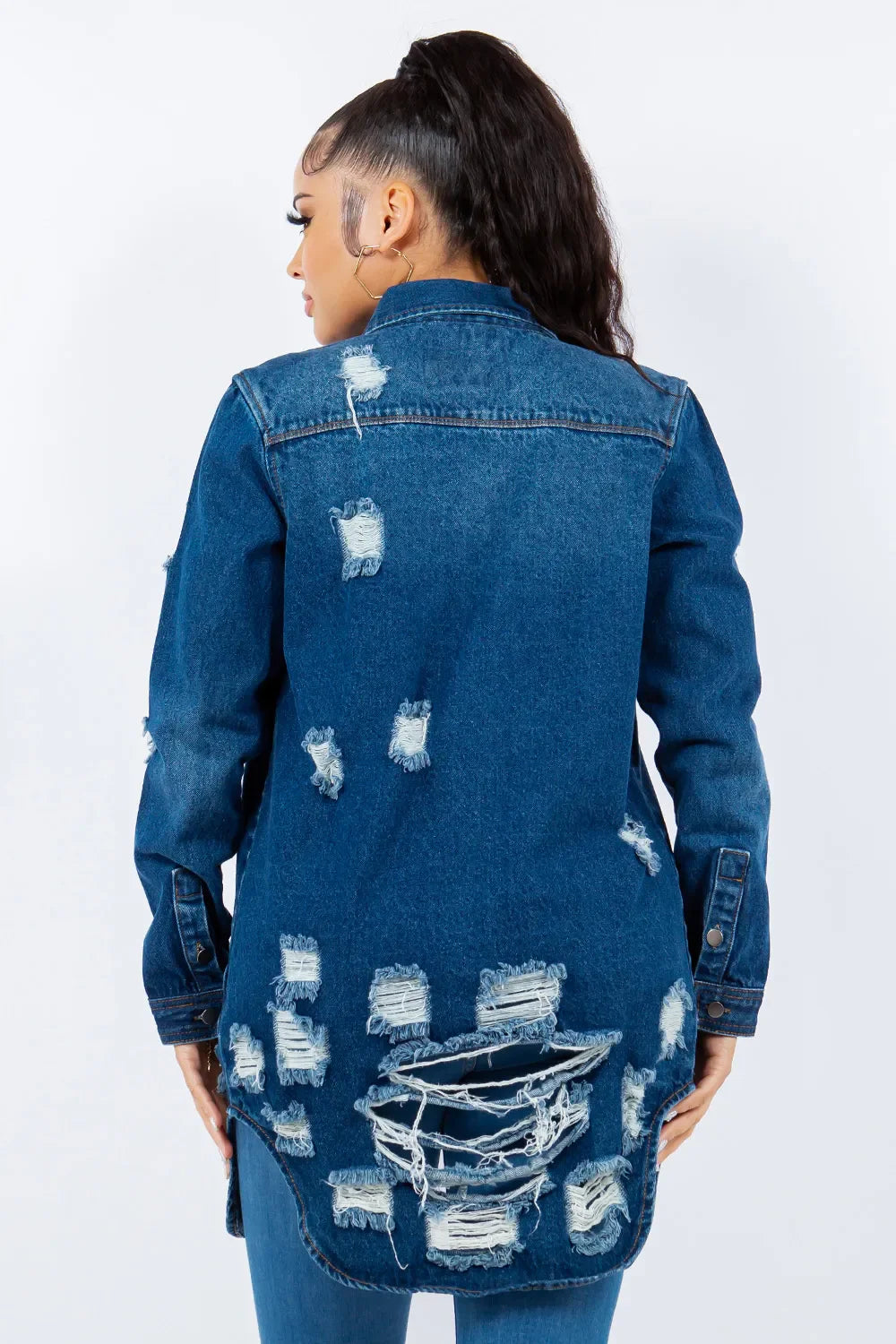 Trendsi American Bazi Distressed Long Sleeve Denim Jacket - Button Up, Apparel & Accessories