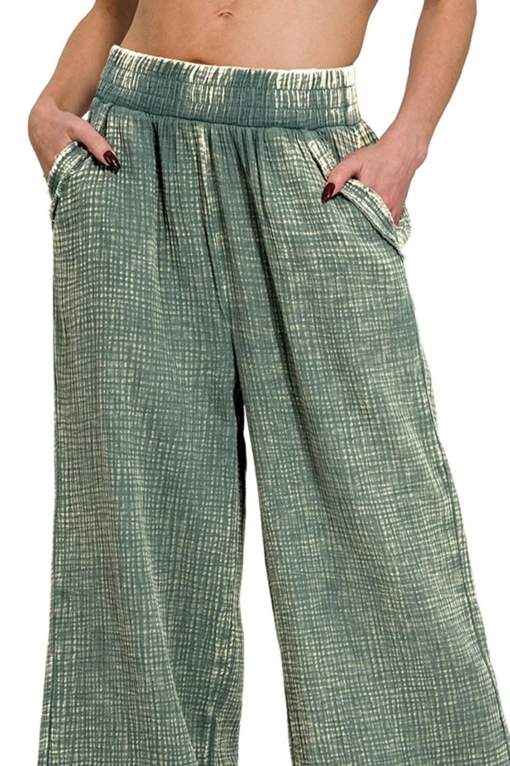 Zenana Washed Double Gauze Elastic Band Waist Pants