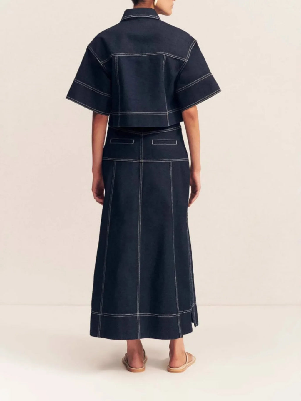 Cropped Short Sleeve Contrast Stitch Denim Top