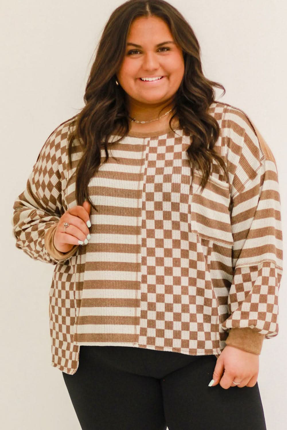 Chic plus size khaki mixed print top