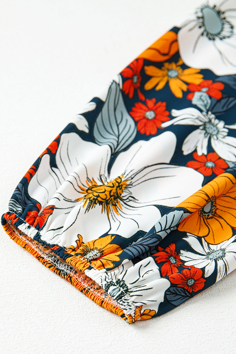 Orange Floral Print Lace V Neck Long Sleeve Mini Dress