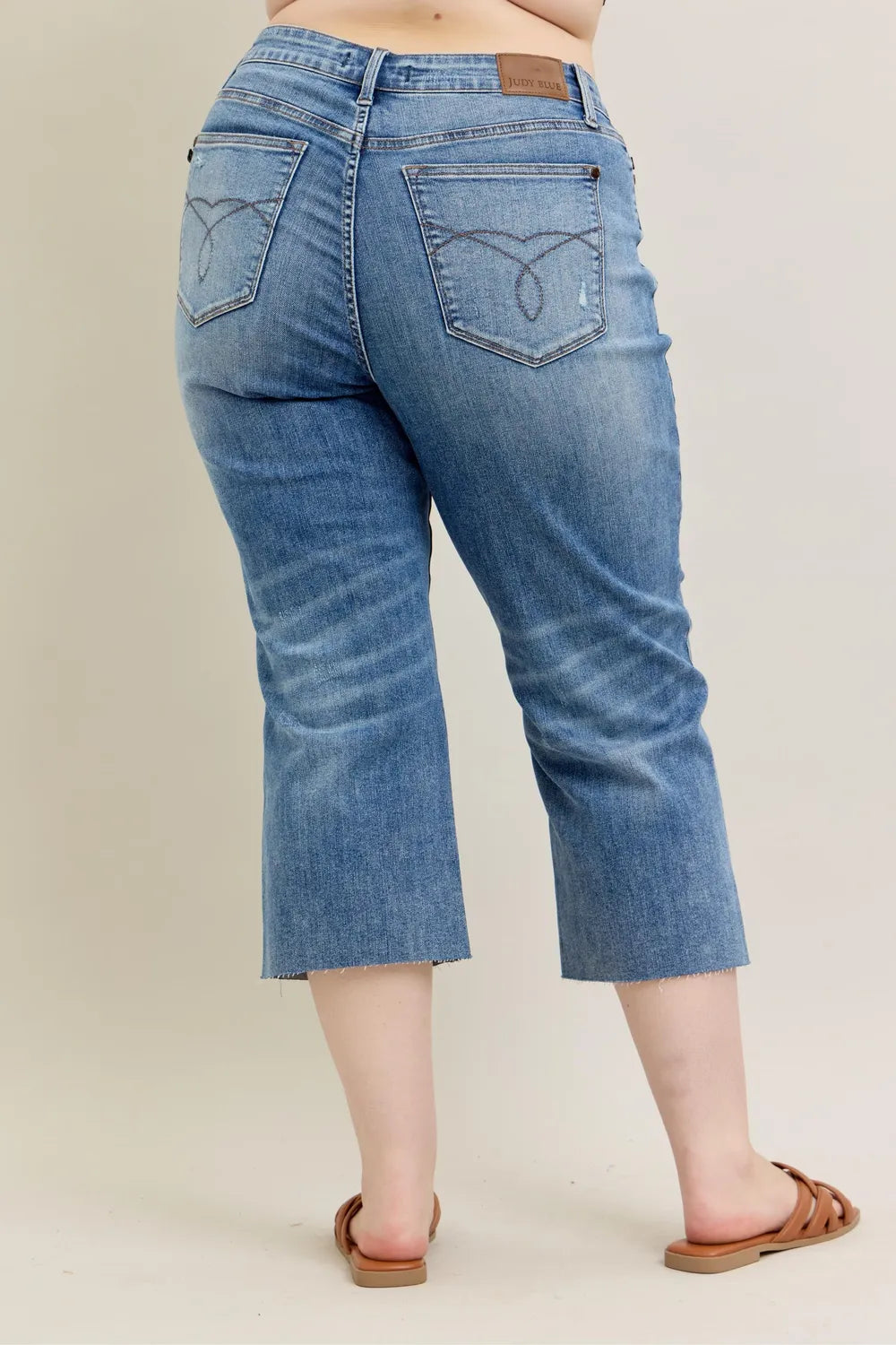 Judy Blue Plus Size High Waist Back Destroyed Raw Cut Hem Crop Wide Leg Jeans