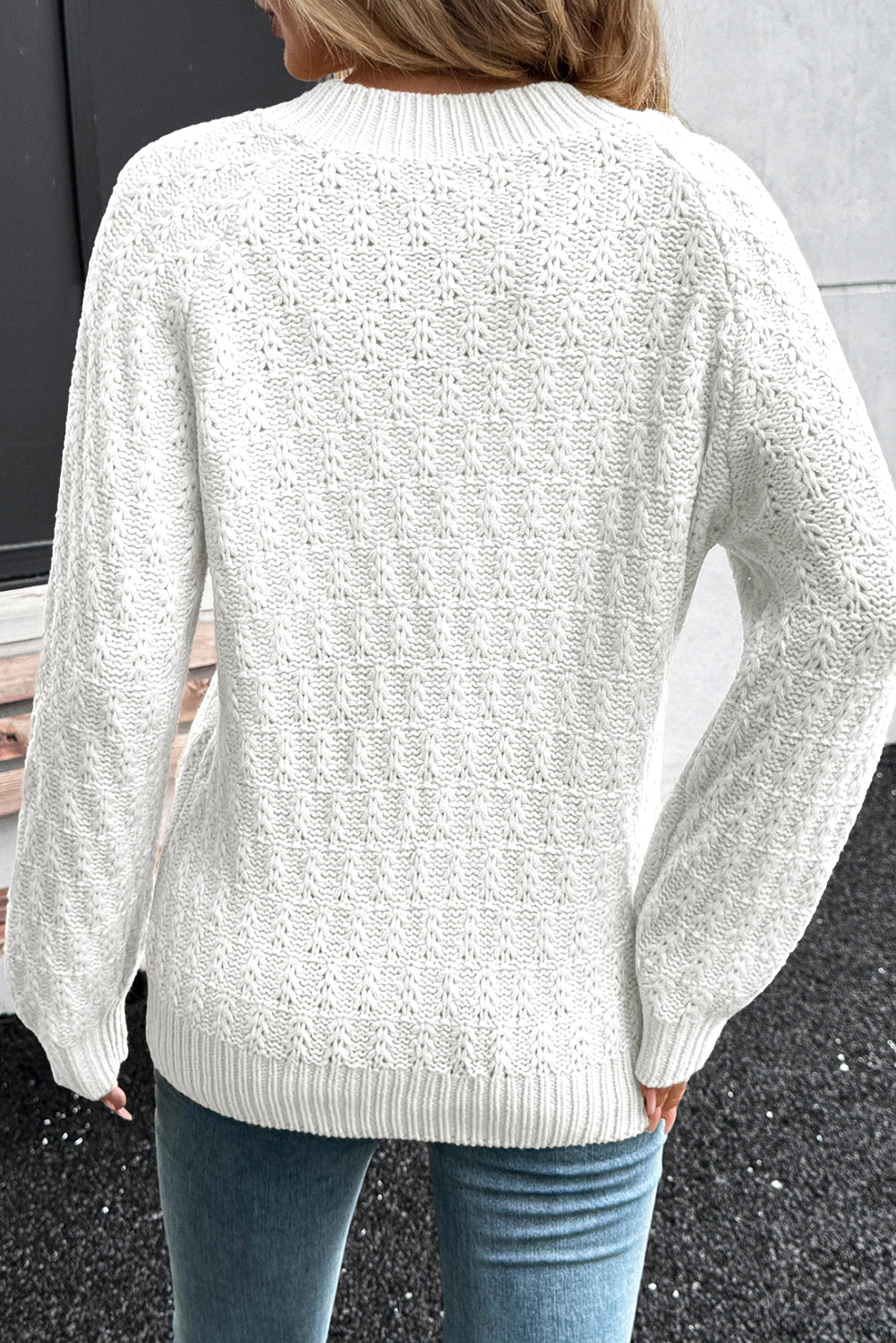 Premium White Textured Knit Ribbed Edge V Neck Loose Sweater