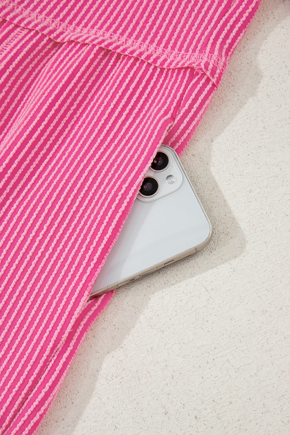 Bright Pink Spiral Ribbed Short Sleeve V Neck Buttoned Romper with Pocket