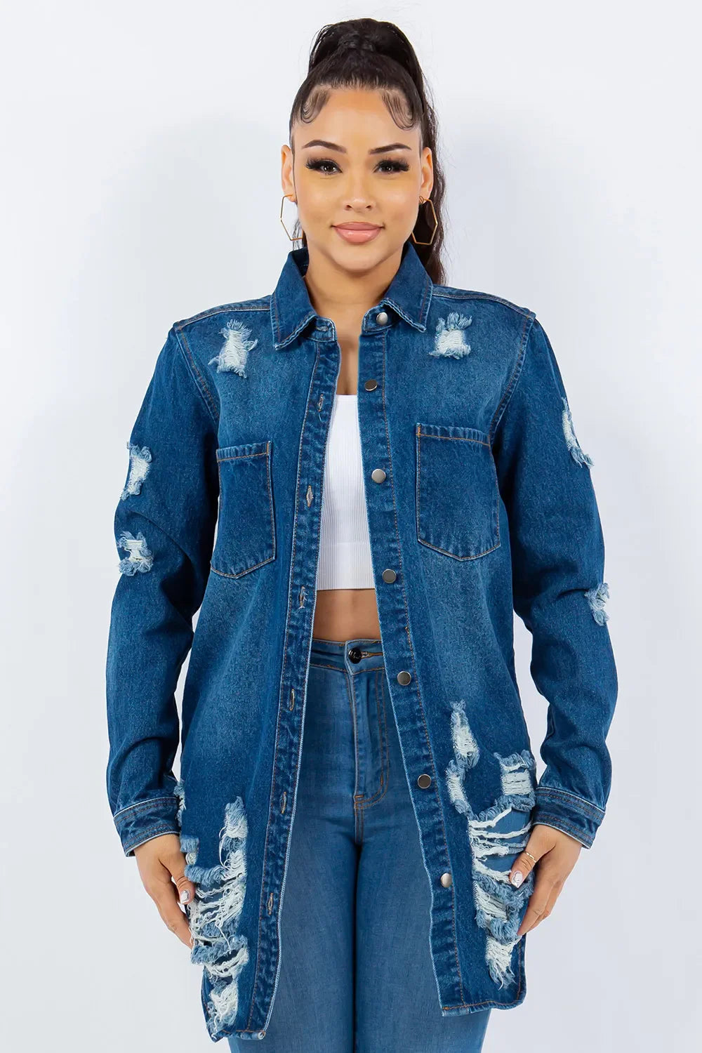 Trendsi American Bazi Distressed Long Sleeve Denim Jacket - Button Up, Apparel & Accessories