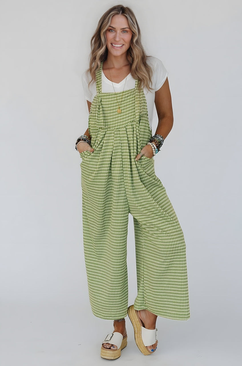 Green Gingham Wide Leg Overalls With Pockets For Women