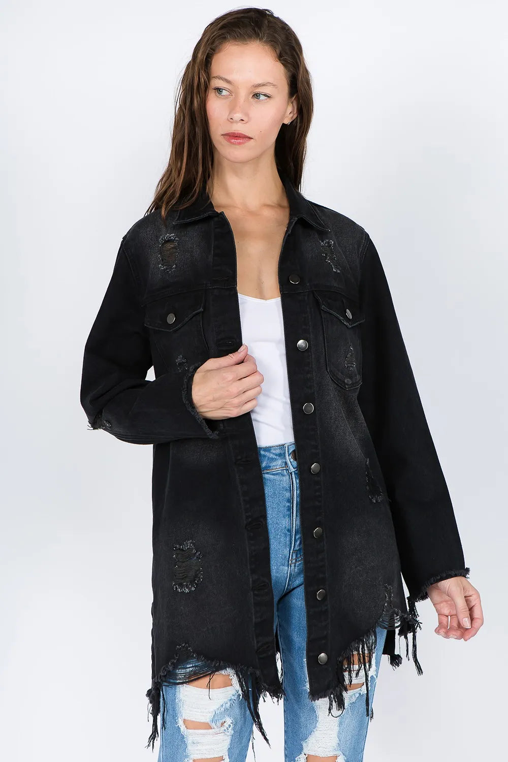 Trendsi American Bazi Distressed Frayed Hem Denim Jacket - Apparel & Accessories Clothing Shirts & Tops