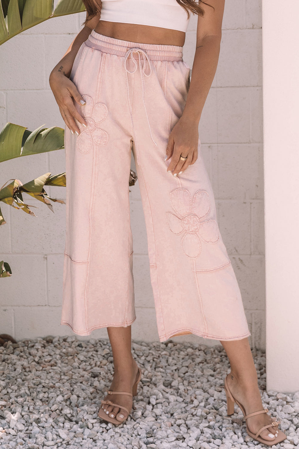 Pink Flower Patch Mineral Washed Terry Knit Cropped Wide Leg Pants