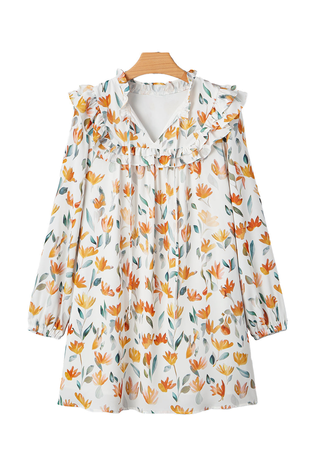 Yellow Floral Print Tie Neck Frilled Long Sleeve Mini Dress