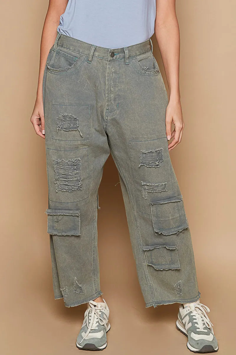 POL Distressed Raw Hem Wide Leg Pants