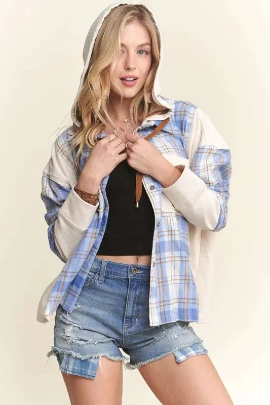 Trendsi ADORA Button Down Plaid Hoodie Shacket - Apparel & Accessories