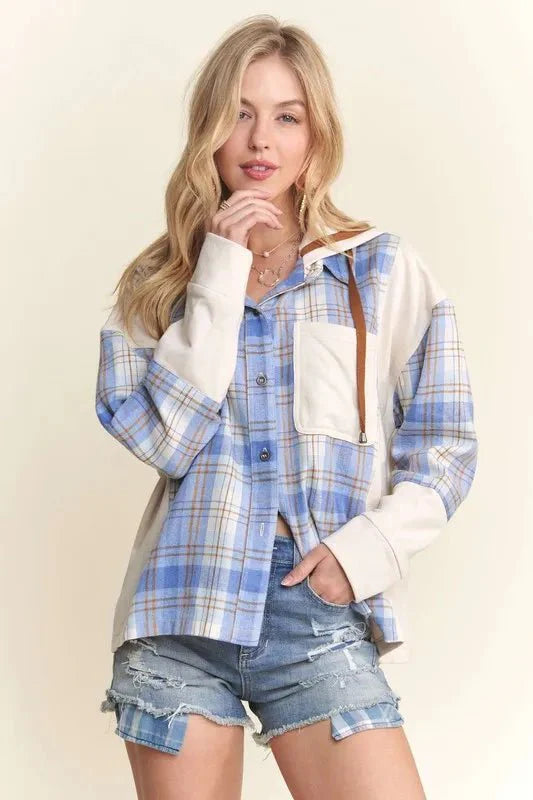 Trendsi ADORA Button Down Plaid Hoodie Shacket - Apparel & Accessories