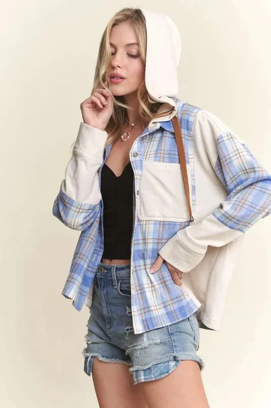 Trendsi ADORA Button Down Plaid Hoodie Shacket - Apparel & Accessories