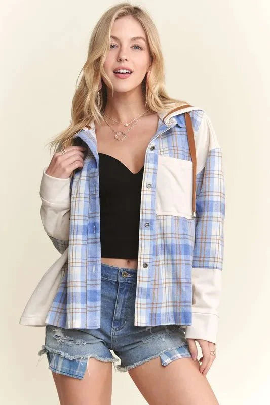 Trendsi ADORA Button Down Plaid Hoodie Shacket - Apparel & Accessories