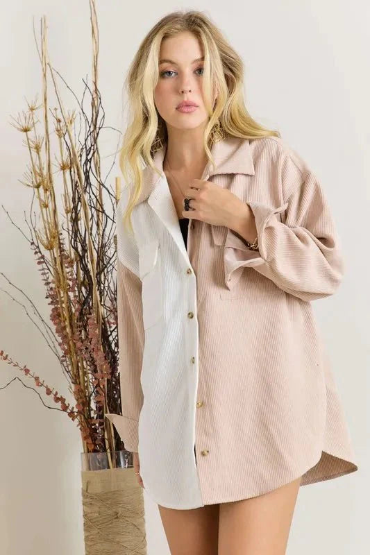 Trendsi ADORA Color Block Corduroy Shacket - Women's Apparel & Accessories