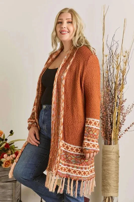 Trendsi ADORA Plus Size Cardigan - Full Size, Fringe Hem, Aztec Border Design