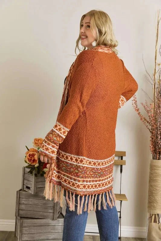 Trendsi ADORA Plus Size Cardigan - Full Size, Fringe Hem, Aztec Border Design
