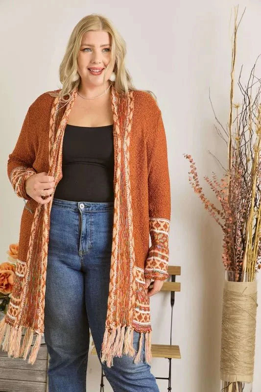 Trendsi ADORA Plus Size Cardigan - Full Size, Fringe Hem, Aztec Border Design