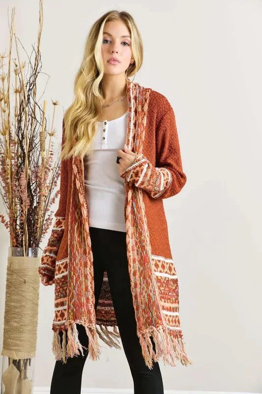 Trendsi ADORA Plus Size Cardigan - Full Size, Fringe Hem, Aztec Border Design