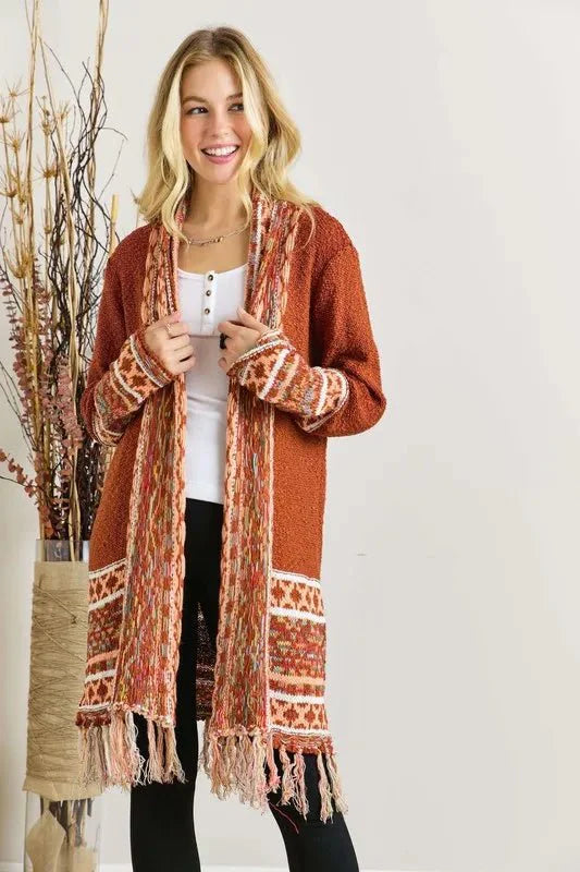 Trendsi ADORA Plus Size Cardigan - Full Size, Fringe Hem, Aztec Border Design