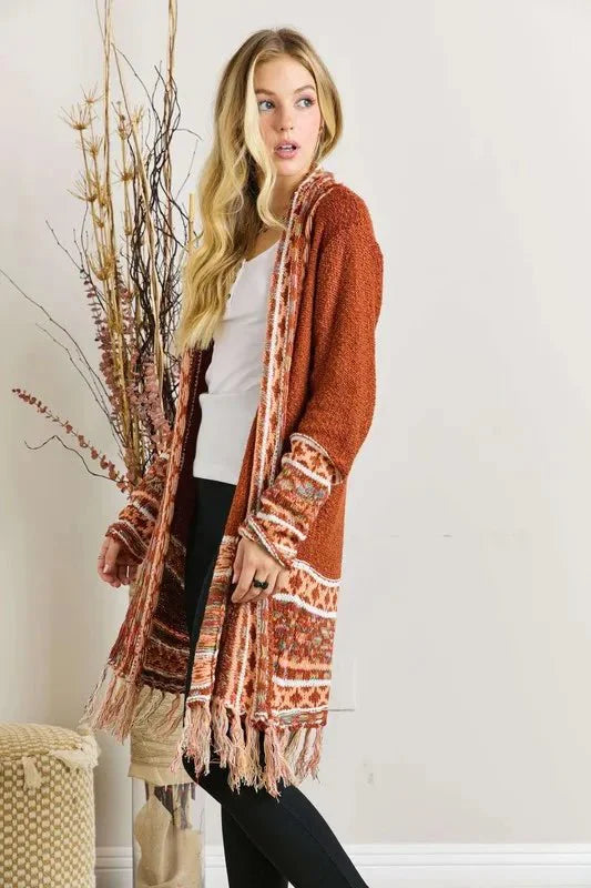 Trendsi ADORA Plus Size Cardigan - Full Size, Fringe Hem, Aztec Border Design