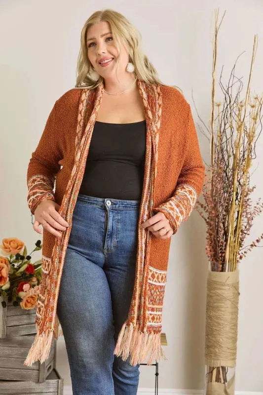 Trendsi ADORA Plus Size Cardigan - Full Size, Fringe Hem, Aztec Border Design