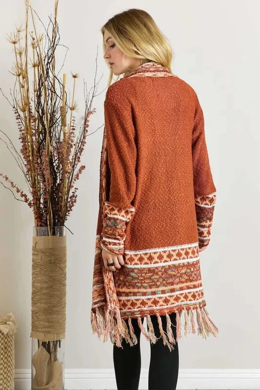 Trendsi ADORA Plus Size Cardigan - Full Size, Fringe Hem, Aztec Border Design