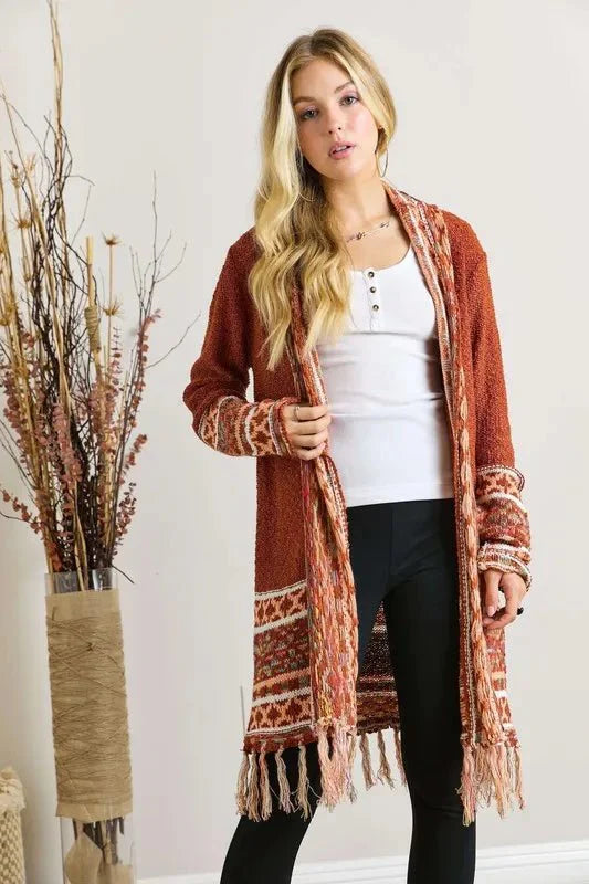 Trendsi ADORA Plus Size Cardigan - Full Size, Fringe Hem, Aztec Border Design