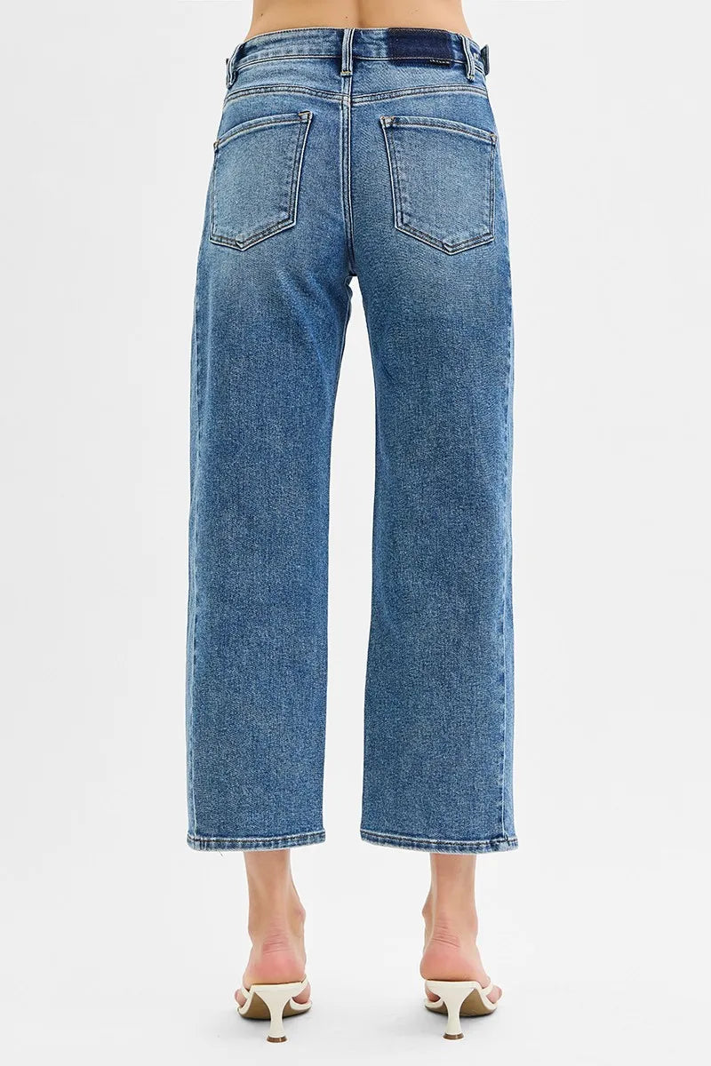 Risen High Rise Cropped Jeans Barrel Adjustable Waistband