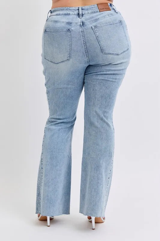 Judy Blue Mid Rise Rhinestone Flare Jeans Plus Size