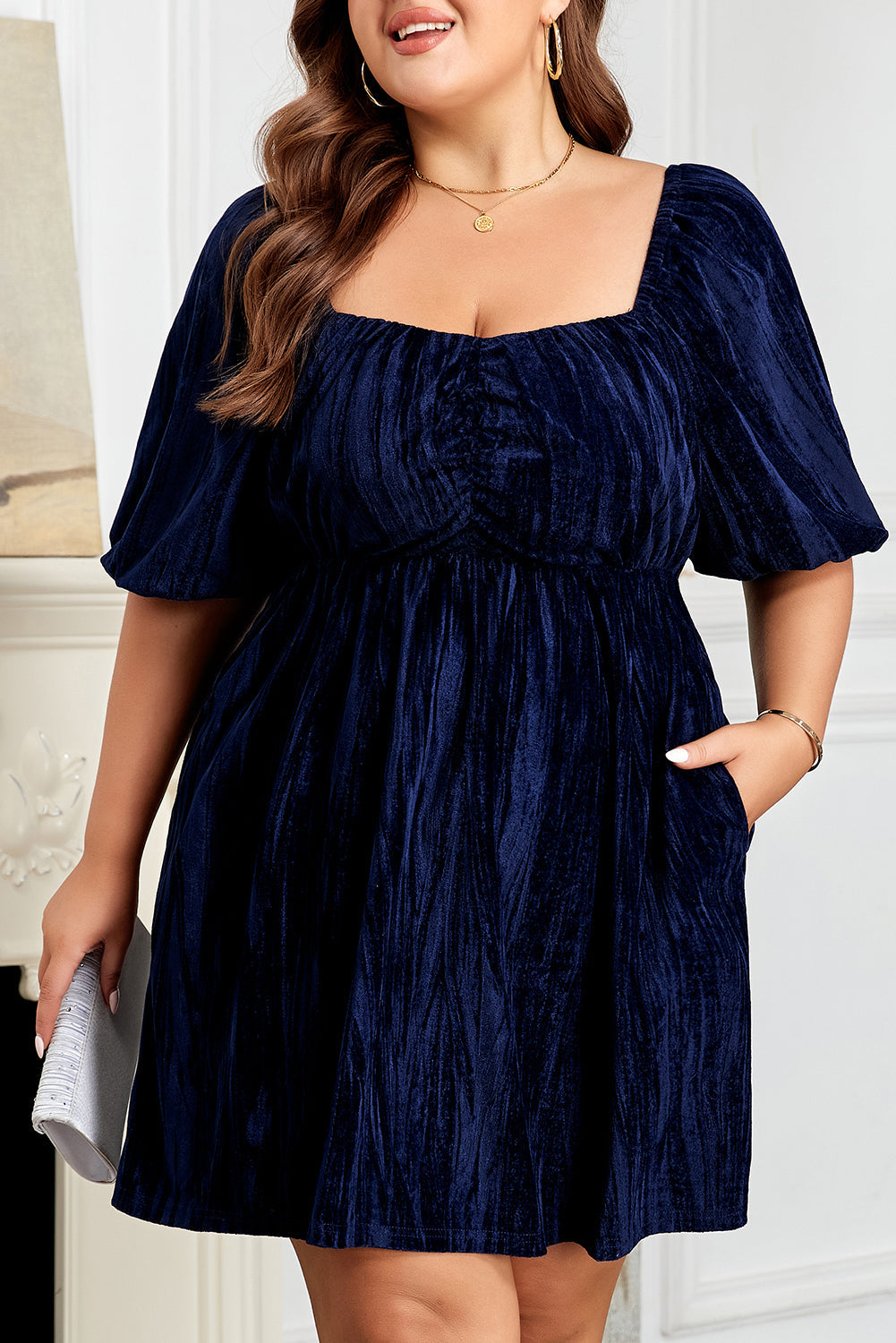 Navy Velvet Ruched Bust Square Neck Short Puff Sleeve Dress