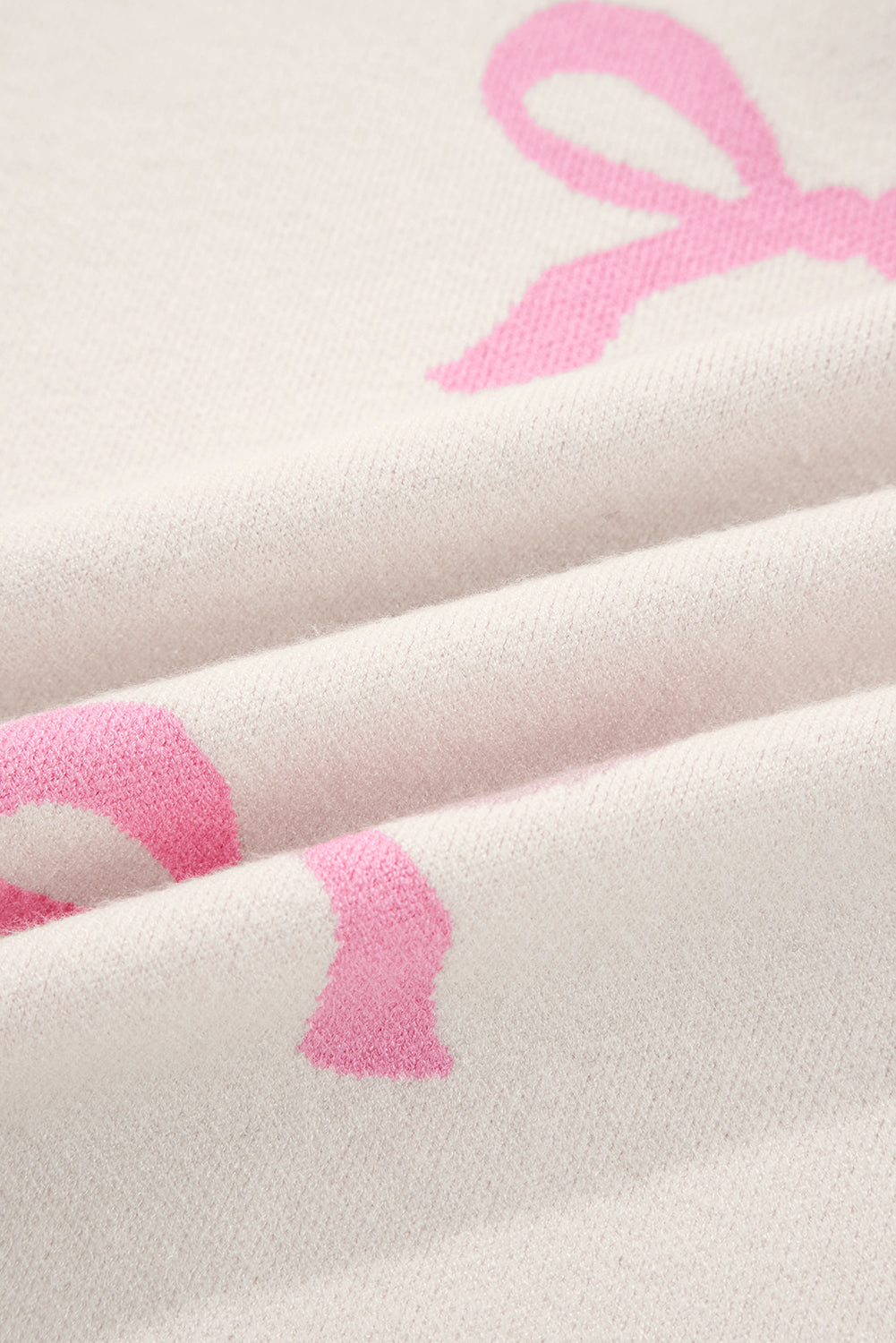 Pink Bow Print Ribbed Trim Drop Shoulder Loose Sweater