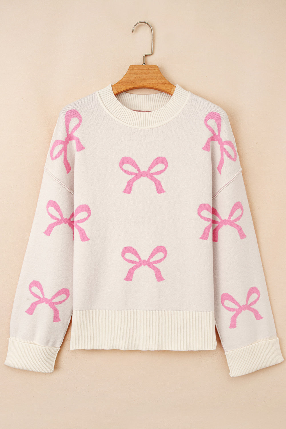 Pink Bow Print Ribbed Trim Drop Shoulder Loose Sweater