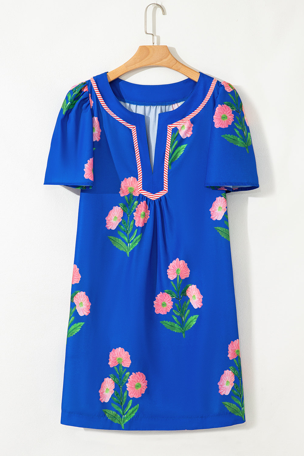 Blue Floral Short Sleeve Split Neck Loose Mini Dress