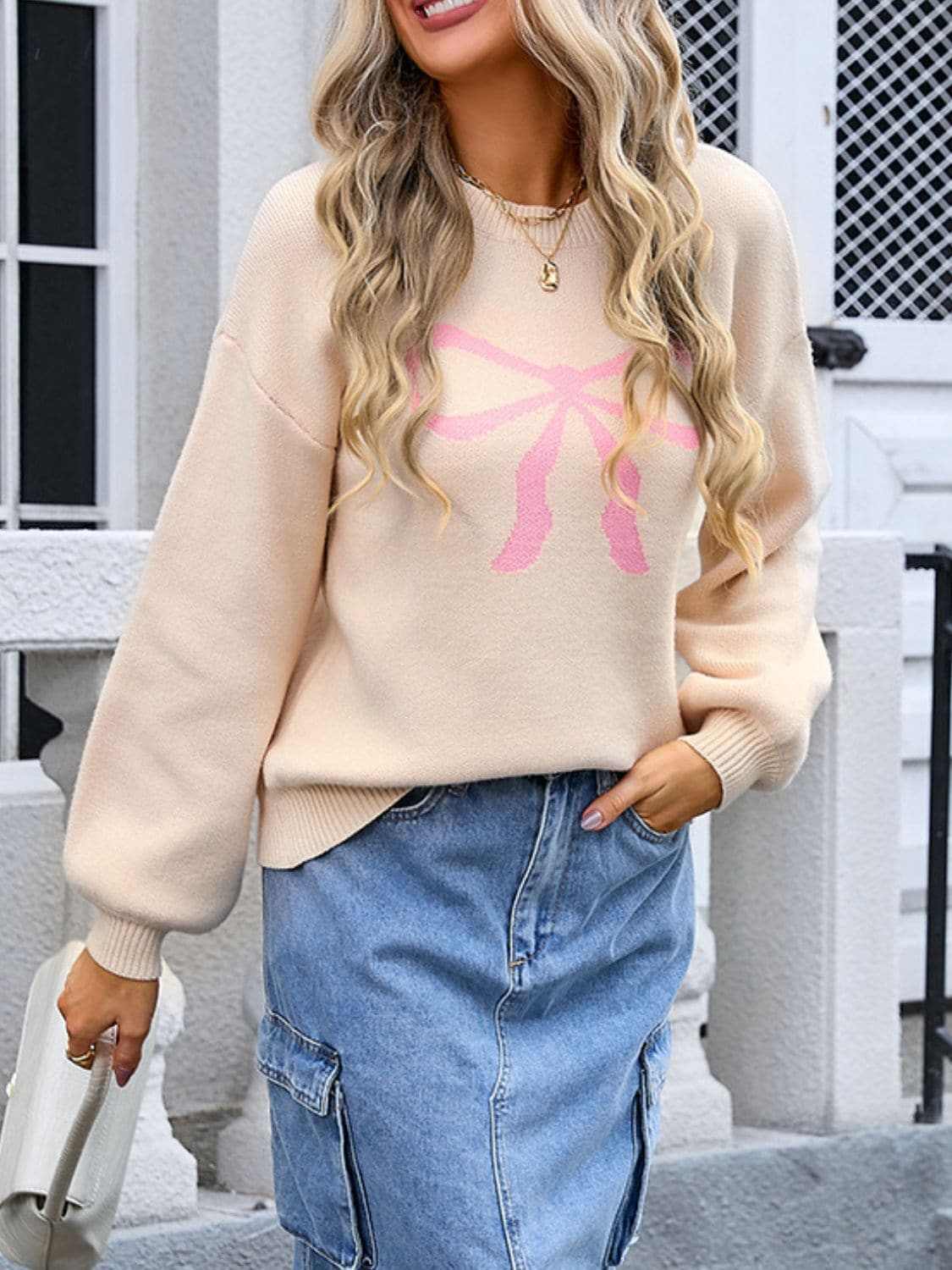 Charming bow print long sleeve sweater