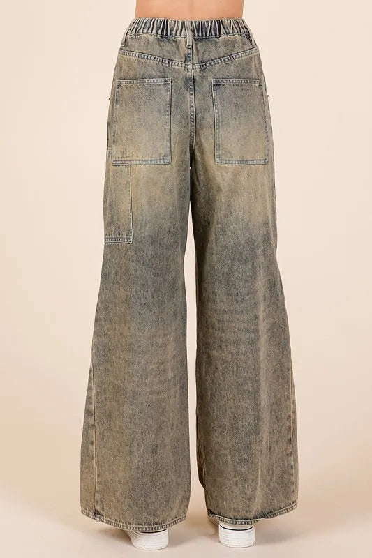 Mittoshop Washed Wide Leg Jeans With Pockets