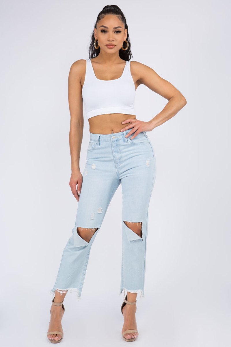 Trendsi American Bazi High Waist Distressed Jeans for Women - Raw Hem Denim