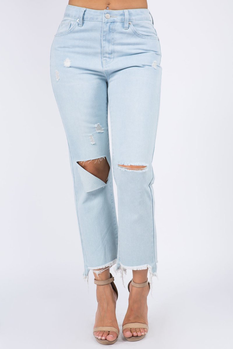 Trendsi American Bazi High Waist Distressed Jeans for Women - Raw Hem Denim