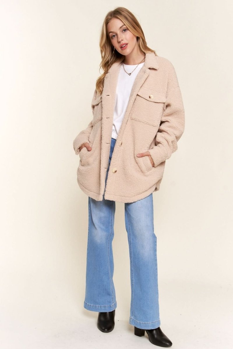 Trendsi And The Why Teddy Sherpa Shacket - Button Down, Curved Hem Outerwear