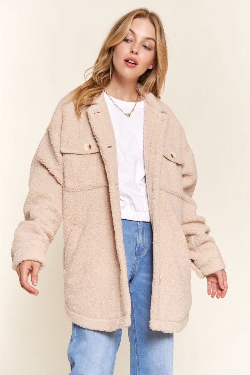 Trendsi And The Why Teddy Sherpa Shacket - Button Down, Curved Hem Outerwear