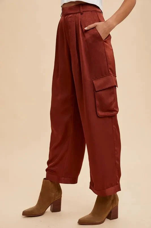 Trendsi Annie Wear Wide Leg Satin Cargo Pants Burgundy S