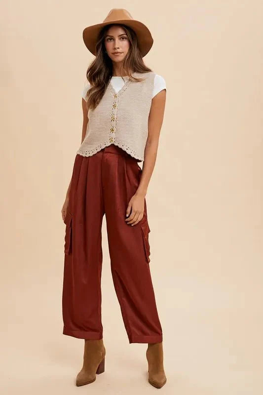 Trendsi Annie Wear Wide Leg Satin Cargo Pants Burgundy S