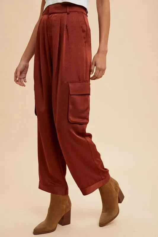 Trendsi Annie Wear Wide Leg Satin Cargo Pants Burgundy S