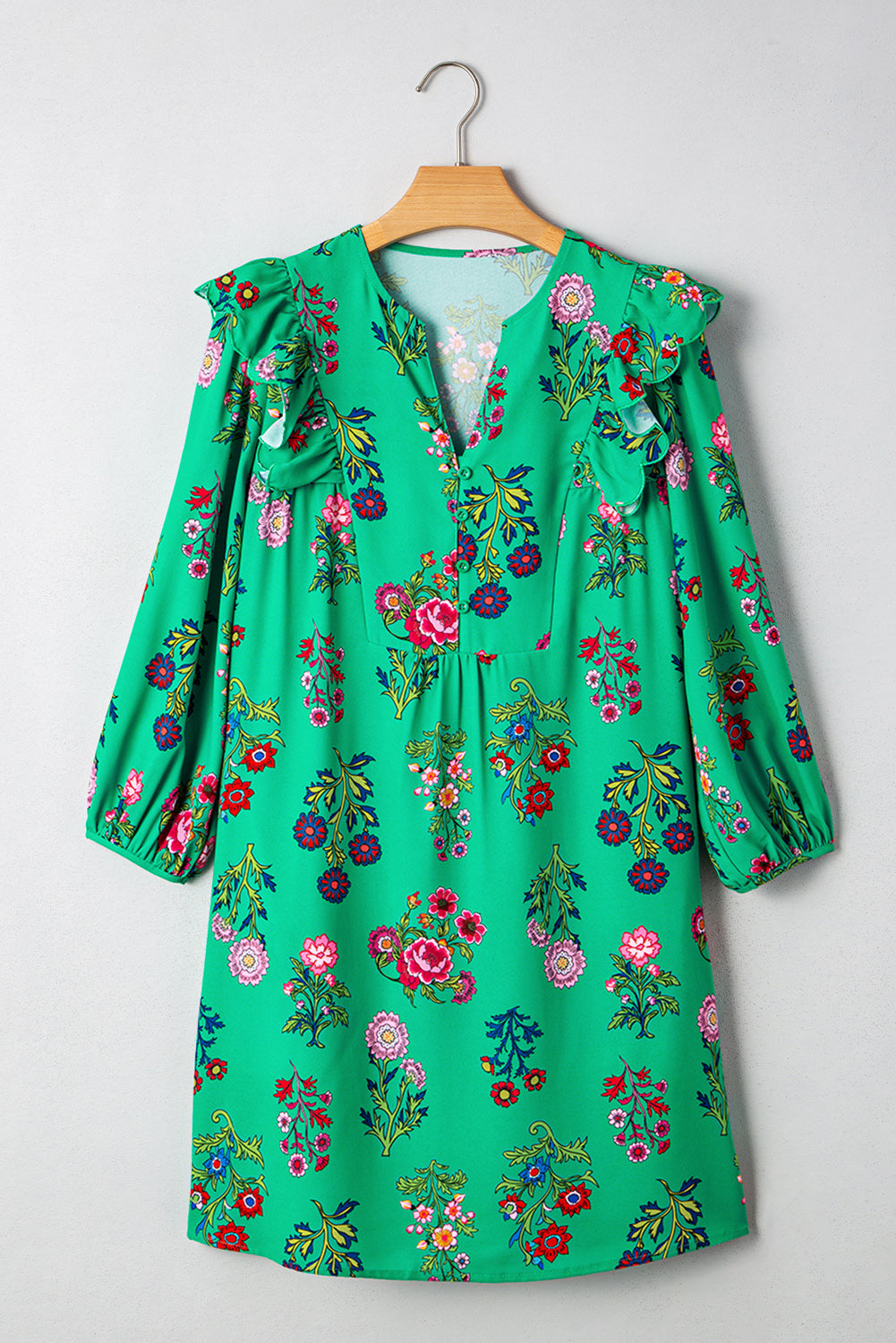 Premium Green Floral Ruffled Three Quarter Sleeve Buttoned Dress