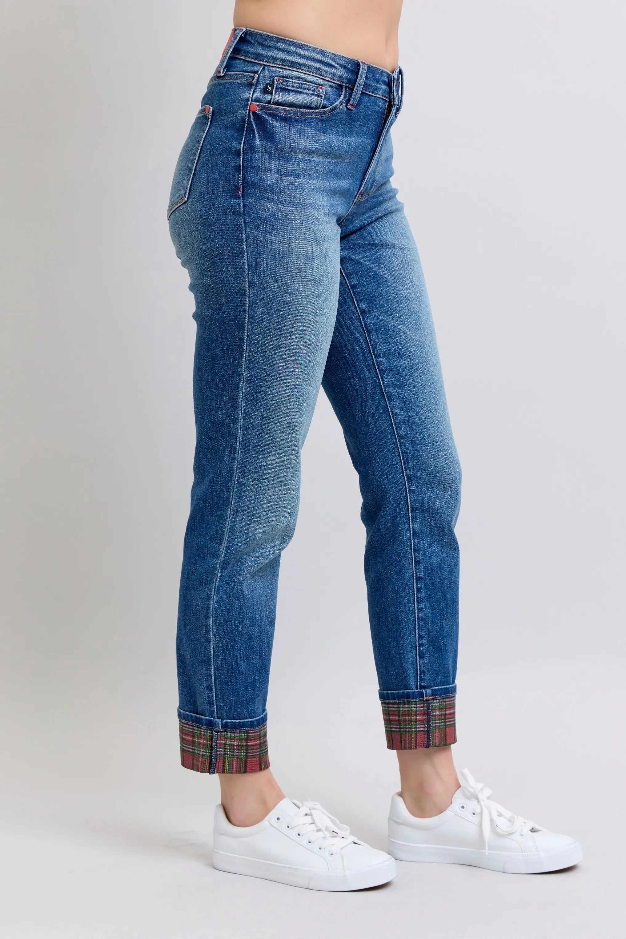 Judy Blue Plaid Print Cuff Boyfriend Jeans Plus Size