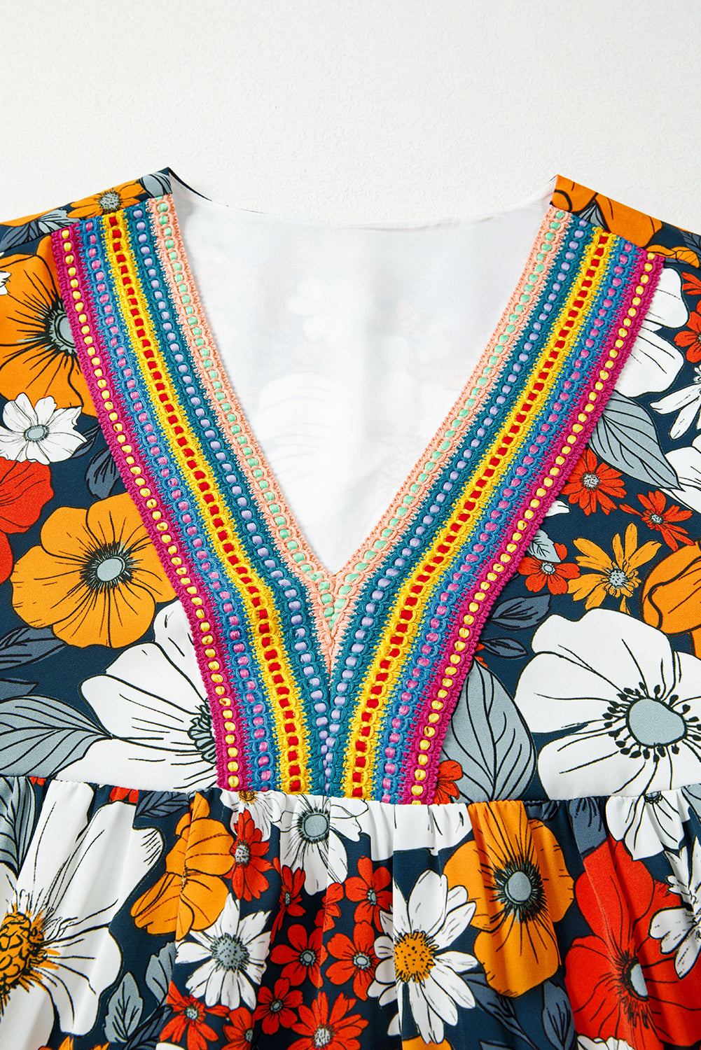 Orange Floral Print Lace V Neck Long Sleeve Mini Dress