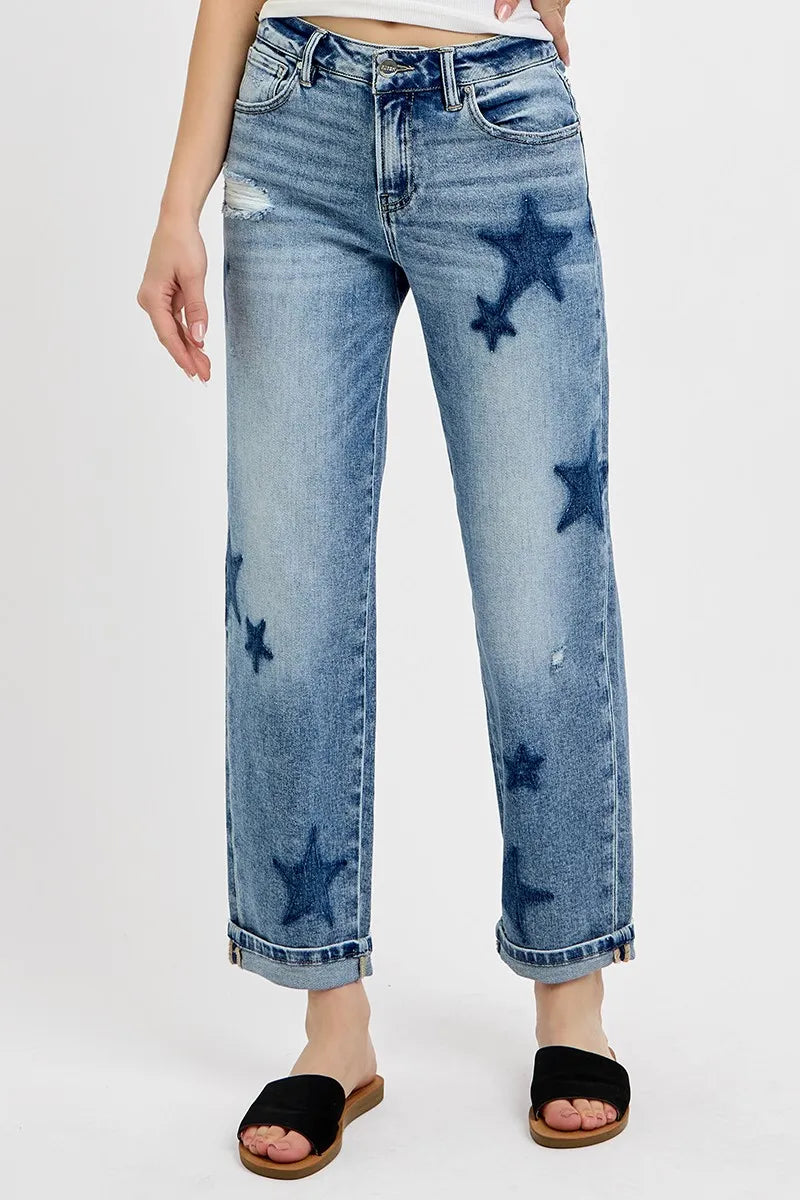 RISEN Full Size Mid Rise Boyfriend Star Shadow Detail Cuffed Jeans Plus Size